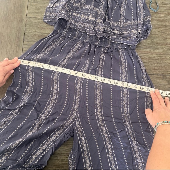 Japna Wide Leg Romper Women's Blue Flare Strapless Smocked Jumpsuit - Picture 9 of 9